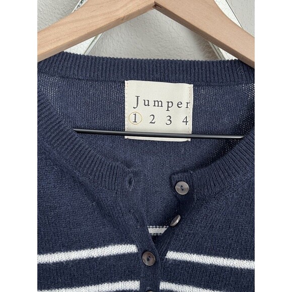 Jumper 1234 Women’s size 1 100% Cashmere Sweater Navy Blue/White Stripe Buttons - Picture 2 of 6